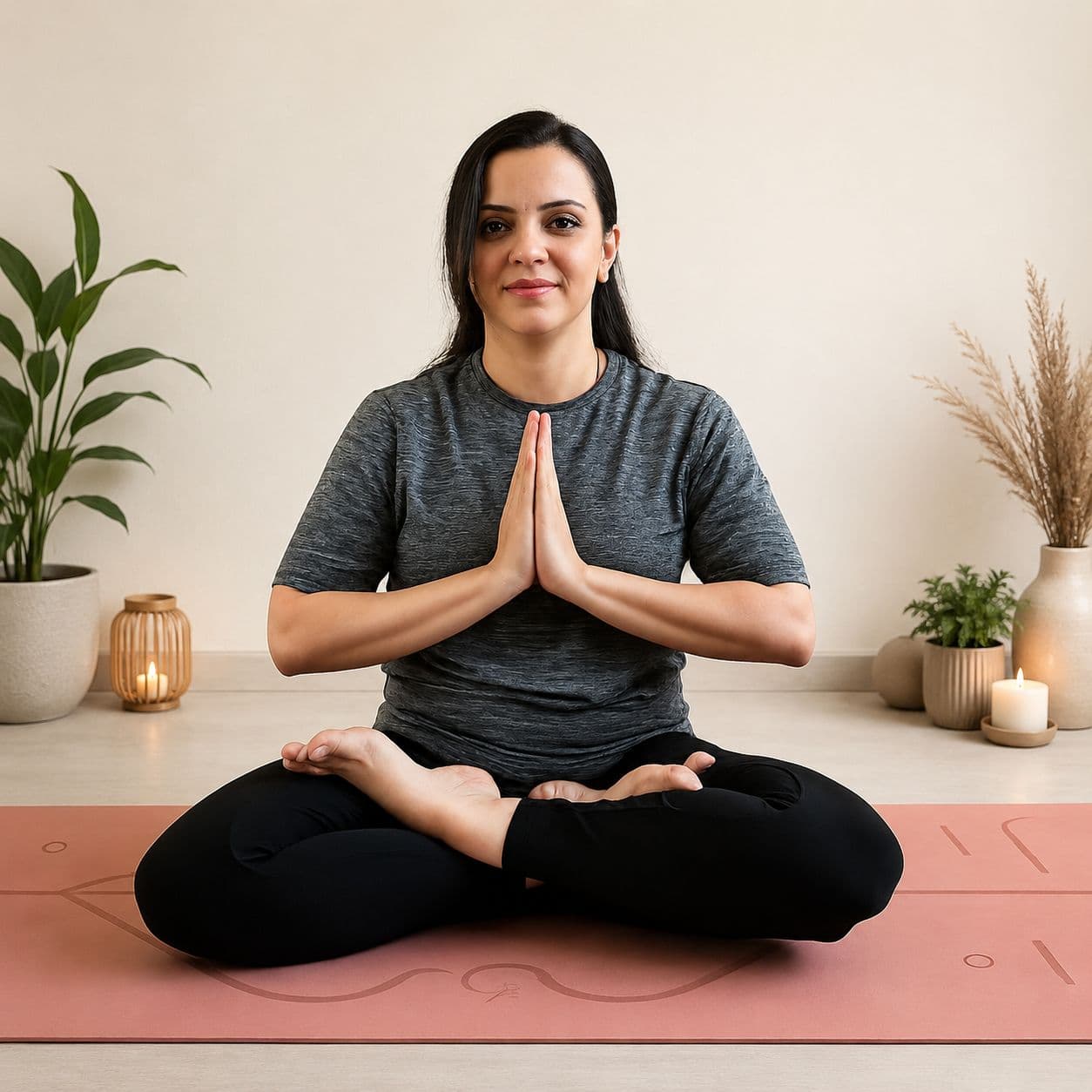 Woman seated cross-legged in a meditation pose during a ladies yoga class