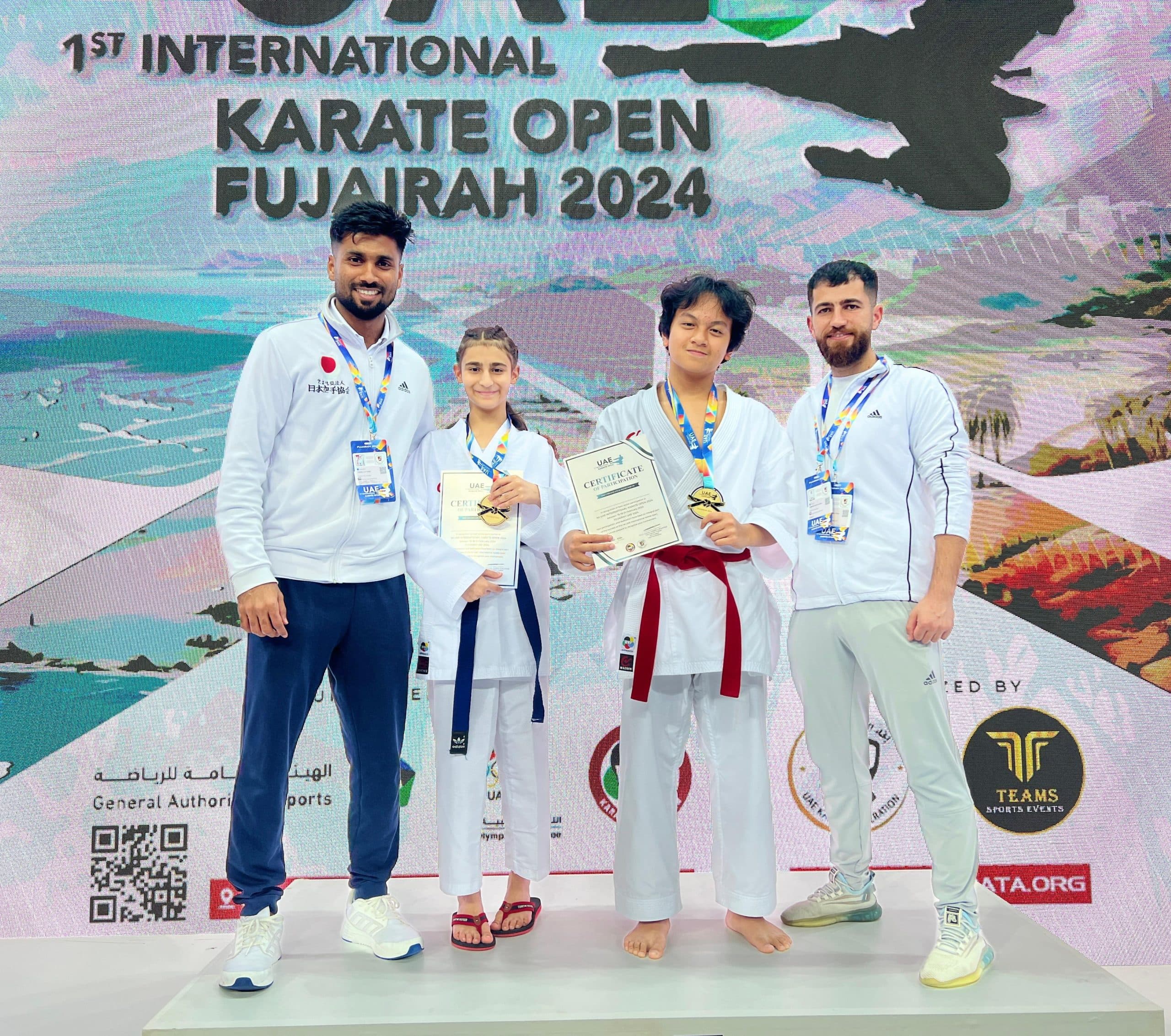 Karate Pro competitors and officials with medals and certificates at the 1st International Karate Open, Fujairah 2024