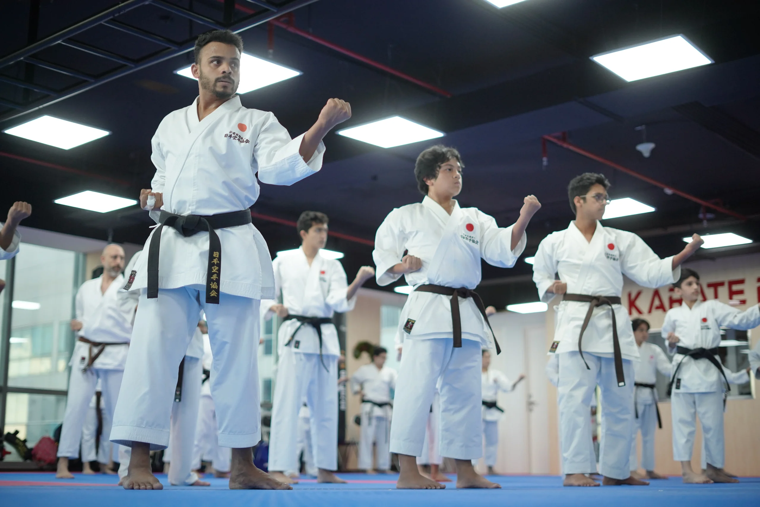 Adult students in a line practising a rising block with clenched fists in the dojo