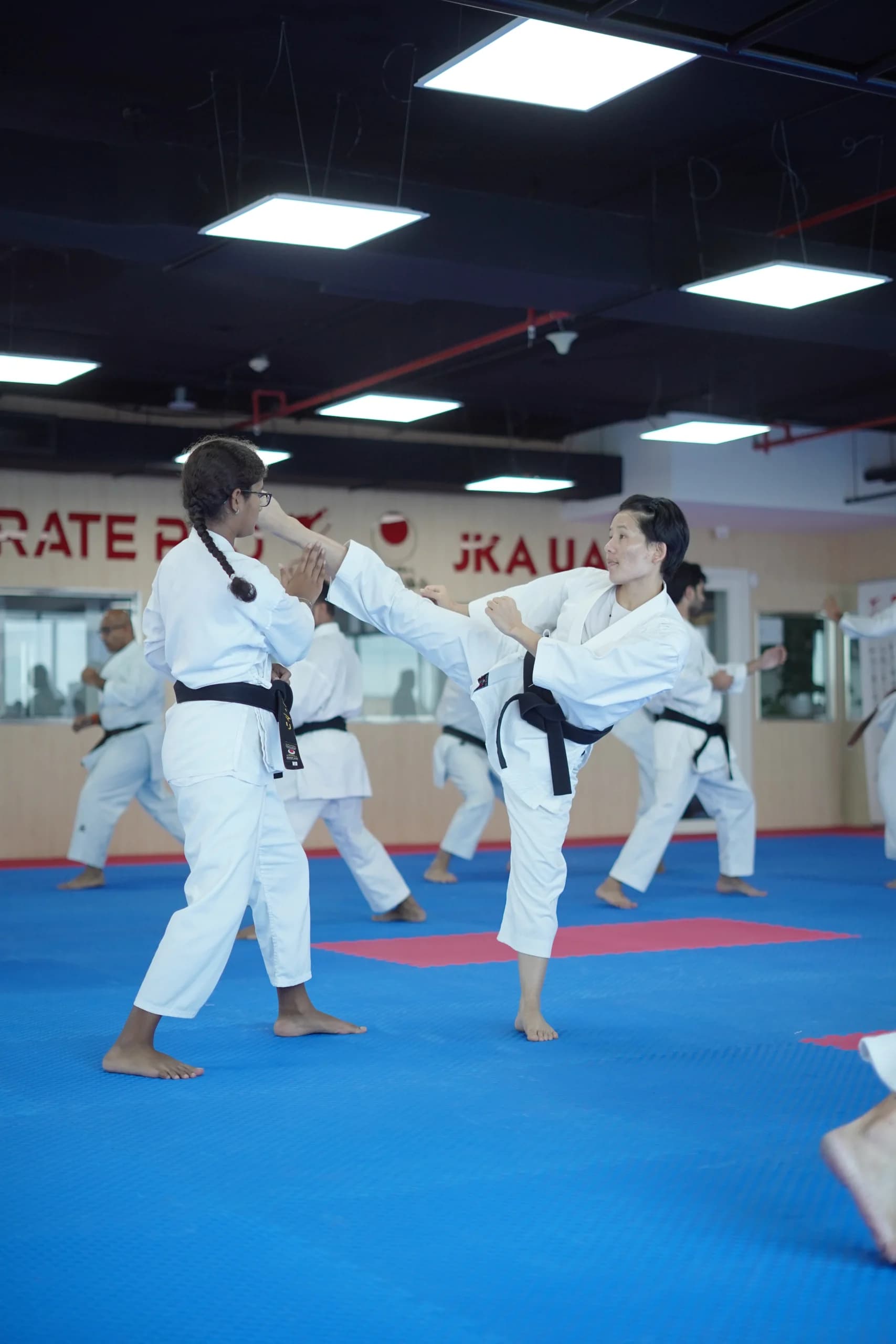 Two adult black belts facing off in a sparring drill on pink and blue mats