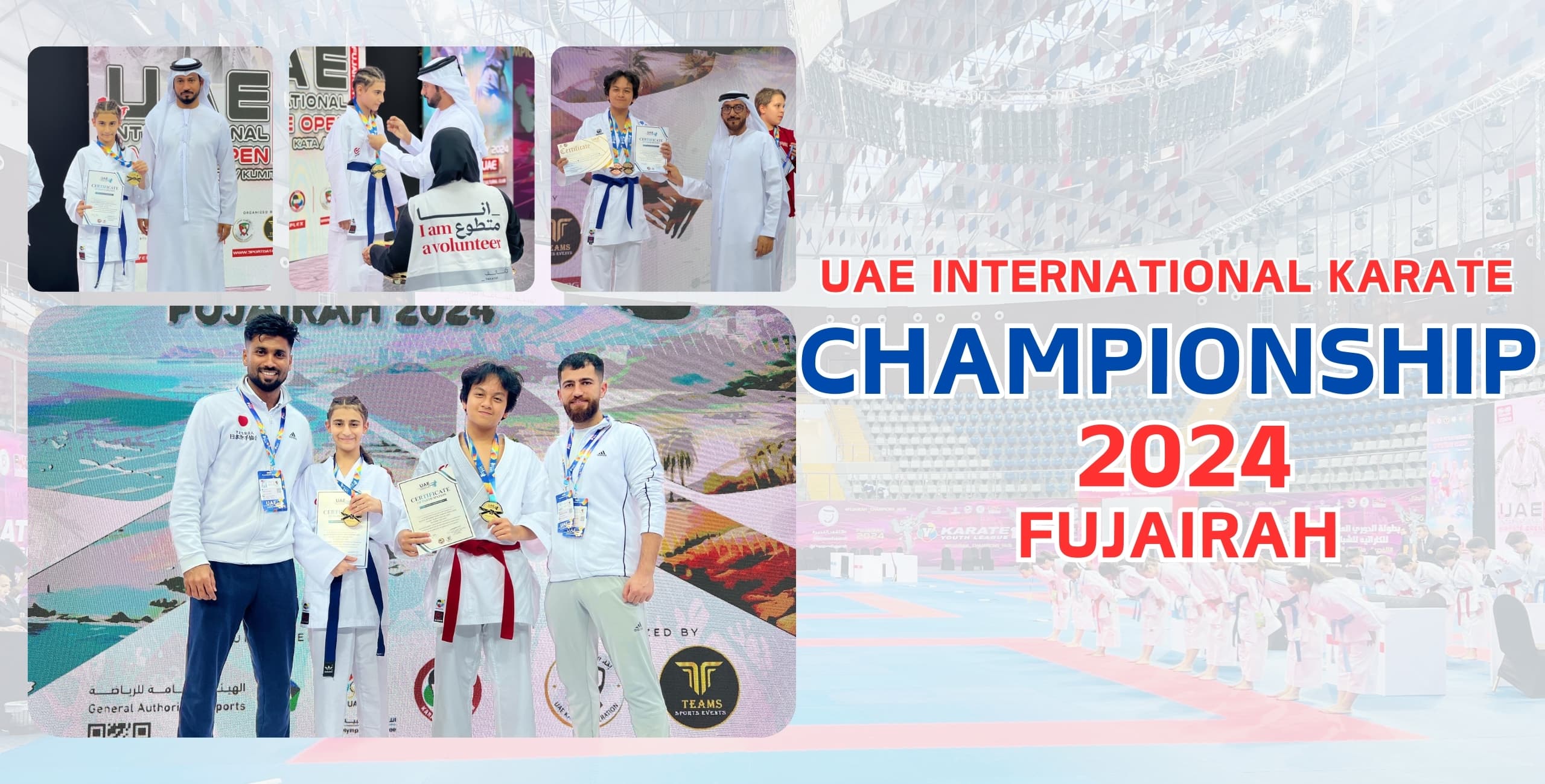 Photo collage from the UAE International Karate Championship 2024 in Fujairah with medallists and coaches