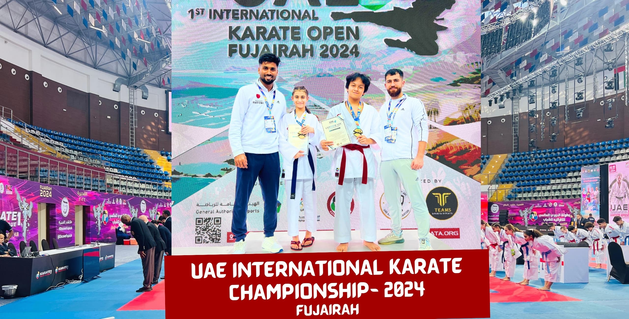Team of medallists and coaches posing on the arena floor at the UAE International Karate Championship 2024 in Fujairah