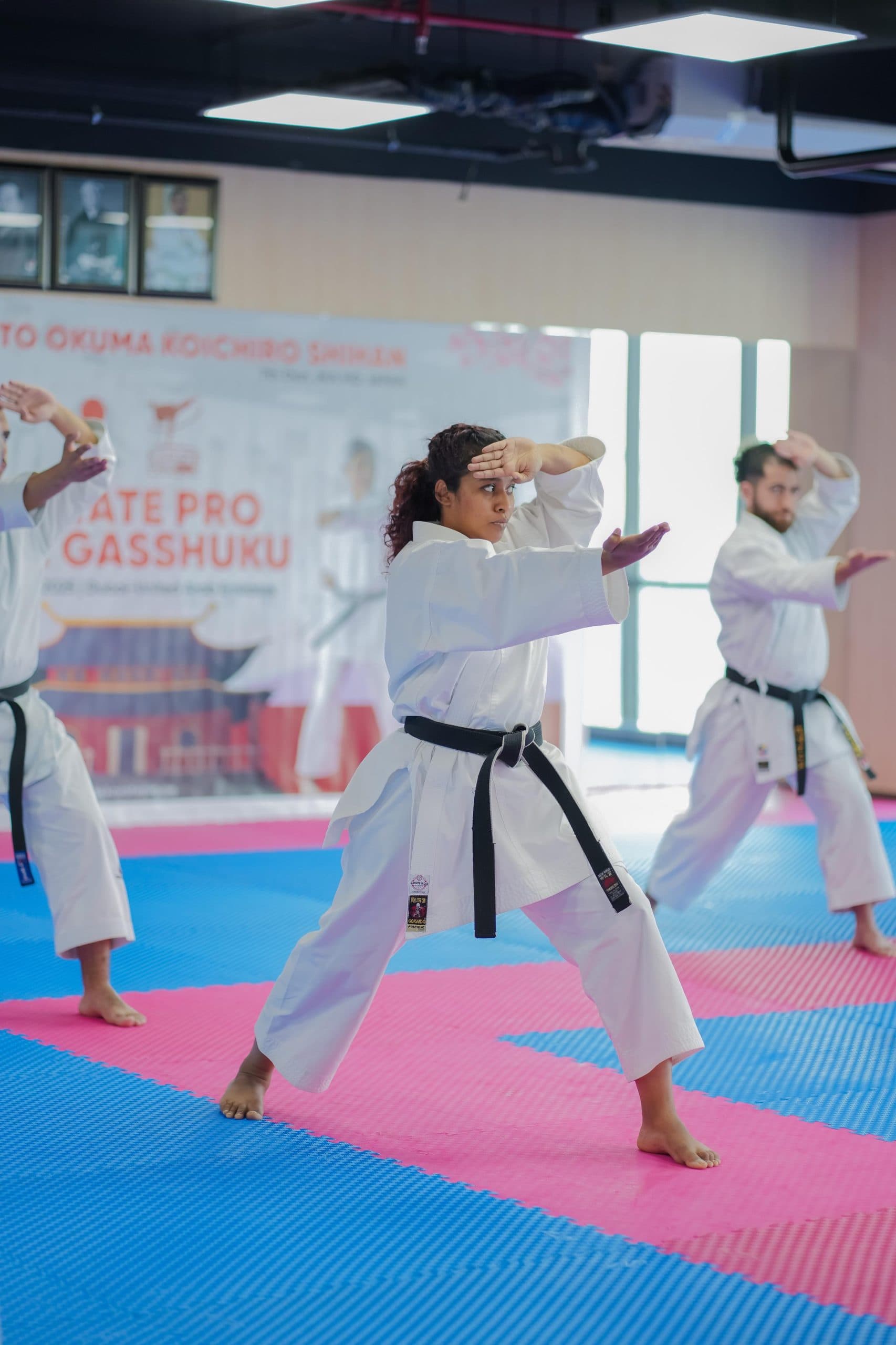 Adult student holding a front stance during kata practice