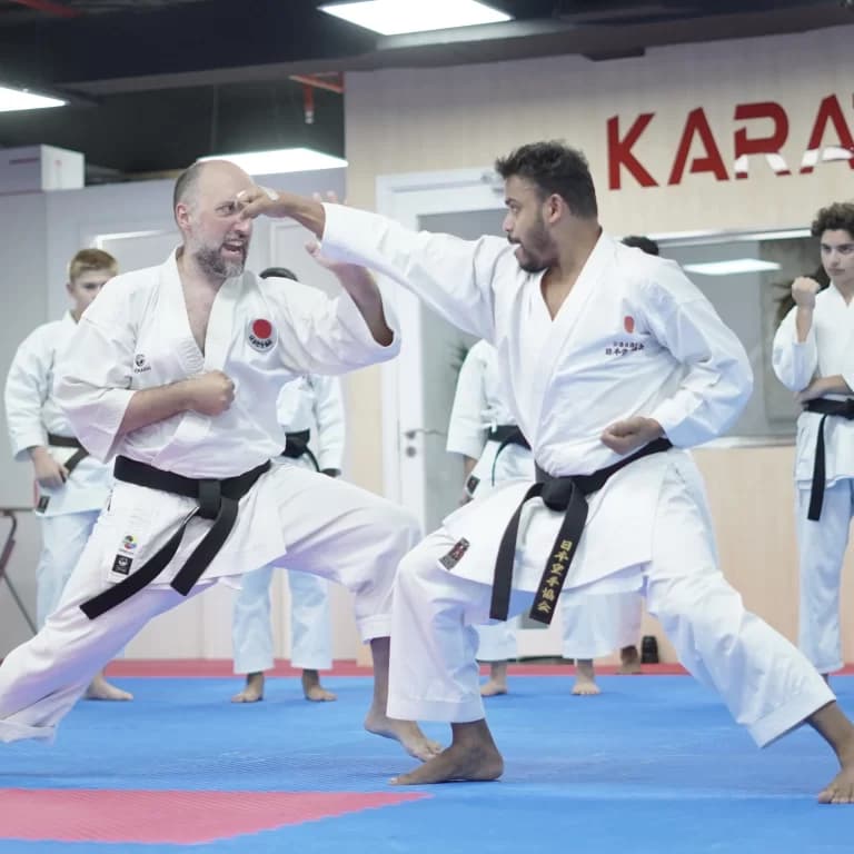 Adults training together during a karate class at the Dubai Silicon Oasis branch