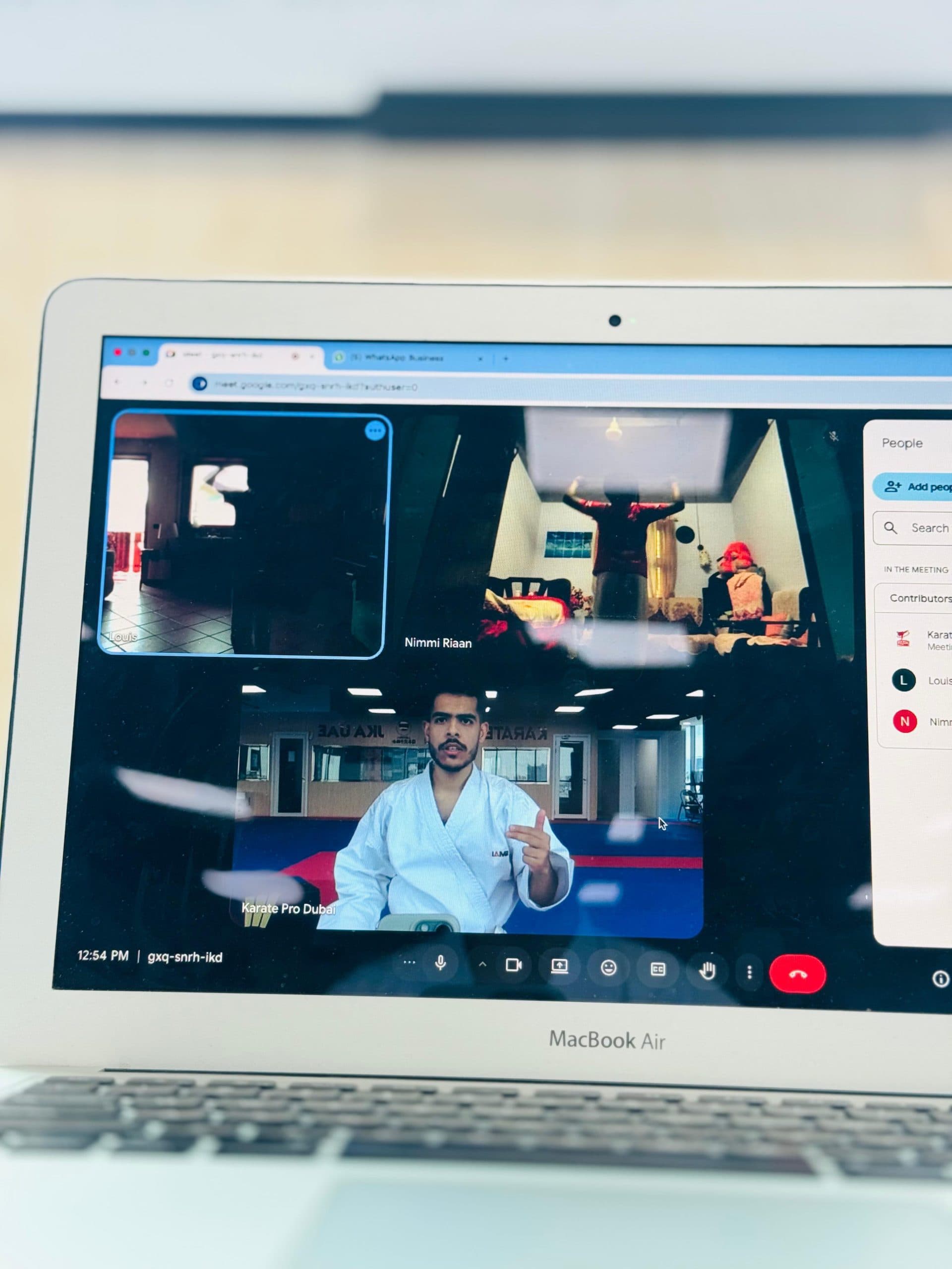 Grid of student video tiles during a live online karate class
