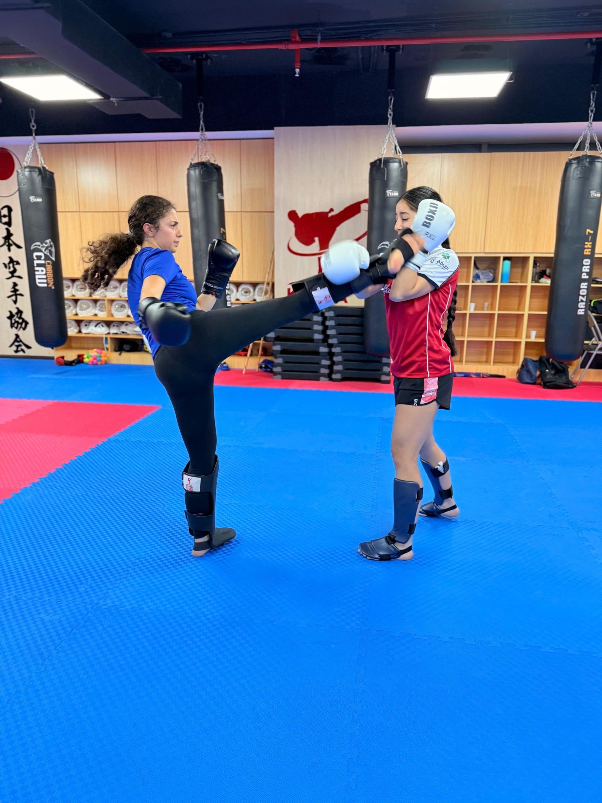 Teenager throwing a high kick at a coach's pad